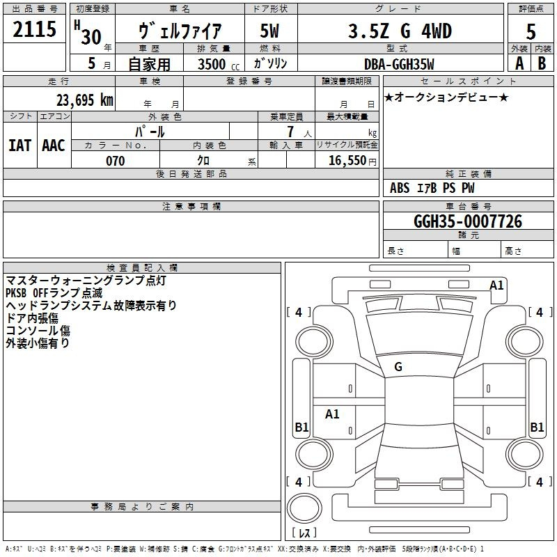Аукционный лист TOYOTA VELLFIRE 2018