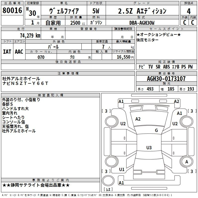 Аукционный лист TOYOTA VELLFIRE 2018