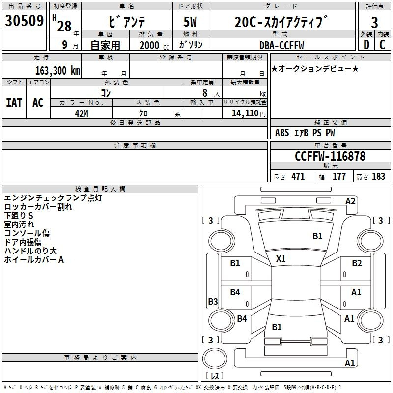 Аукционный лист MAZDA BIANTE 2016