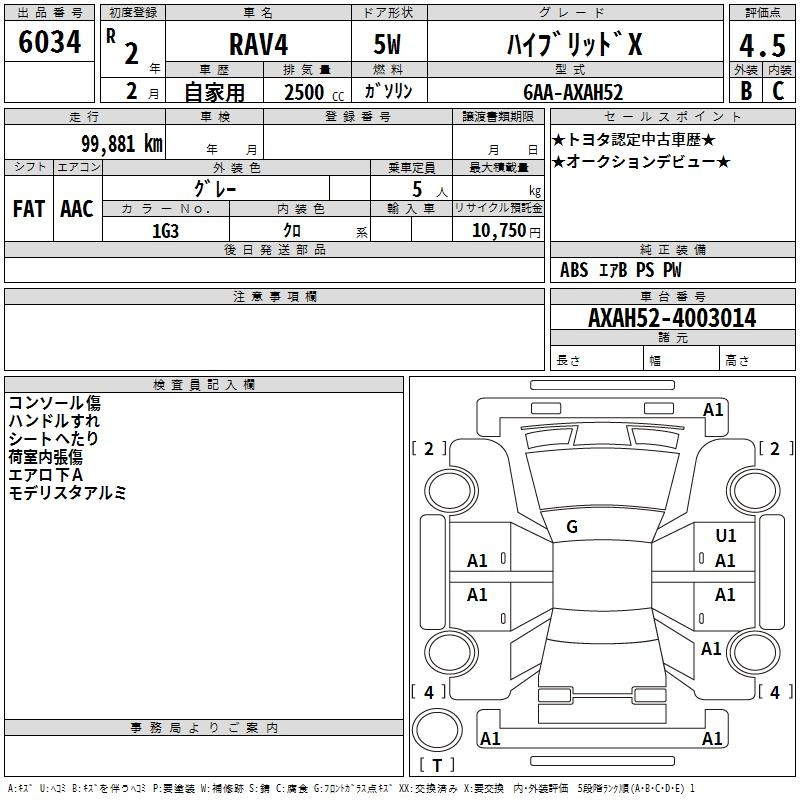 Аукционный лист TOYOTA RAV4 2020