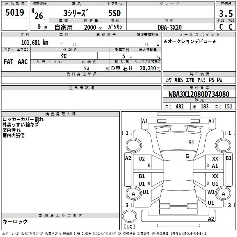 Аукционный лист BMW 3 SERIES 2014