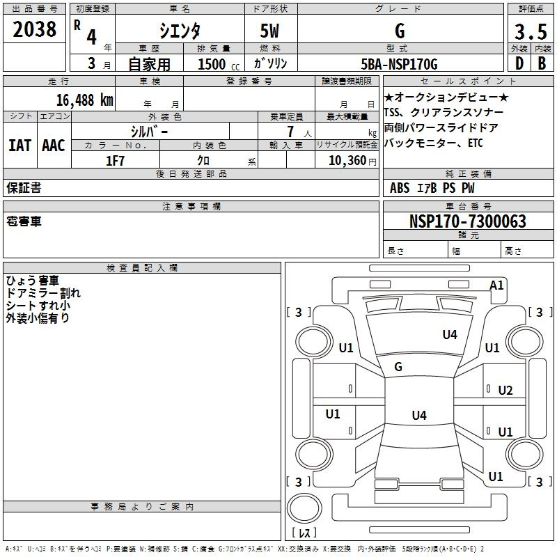 Аукционный лист TOYOTA SIENTA 2022