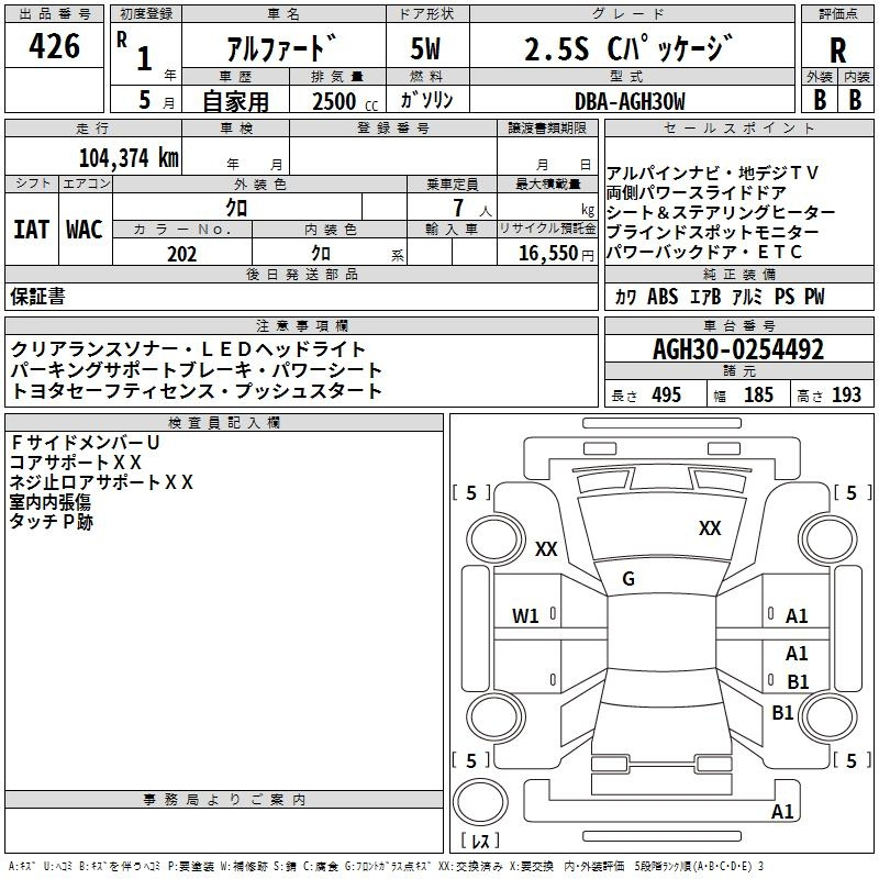 Аукционный лист TOYOTA ALPHARD 2019