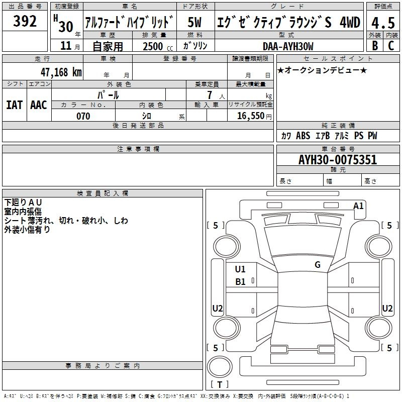 Аукционный лист TOYOTA ALPHARD 2018