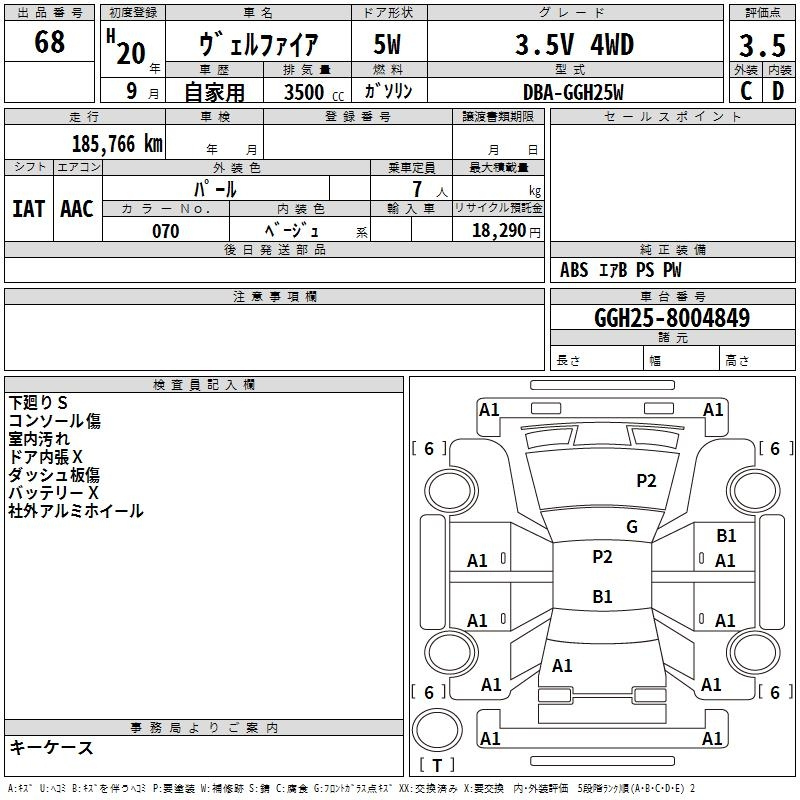 Аукционный лист TOYOTA VELLFIRE 2008