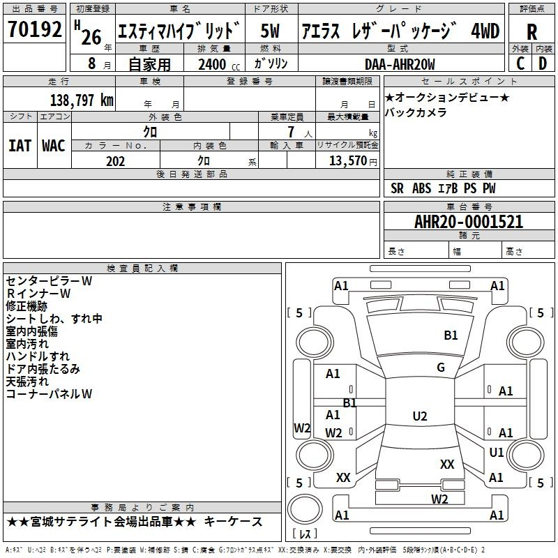 Аукционный лист TOYOTA ESTIMA HYBRID 2014