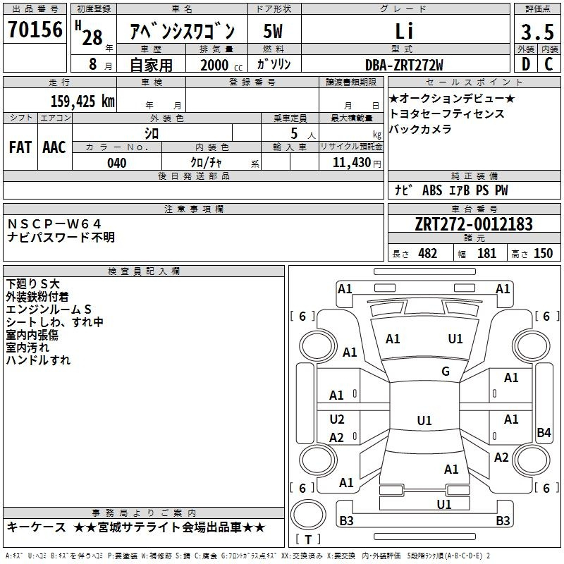 Аукционный лист TOYOTA AVENSIS WAGON 2016