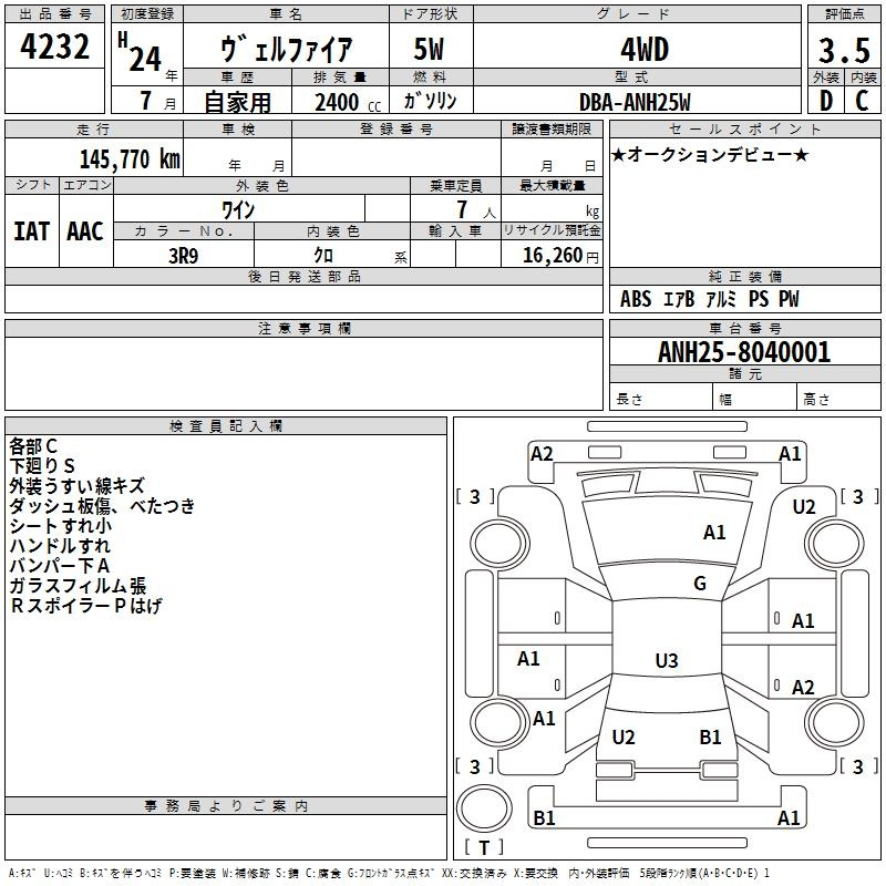 Аукционный лист TOYOTA VELLFIRE 2012