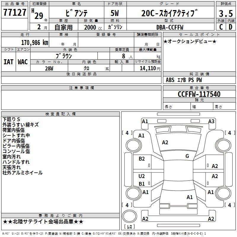Аукционный лист MAZDA BIANTE 2017