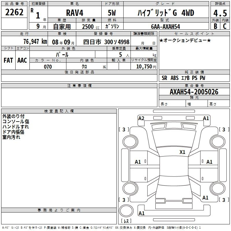 Аукционный лист TOYOTA RAV4 2019