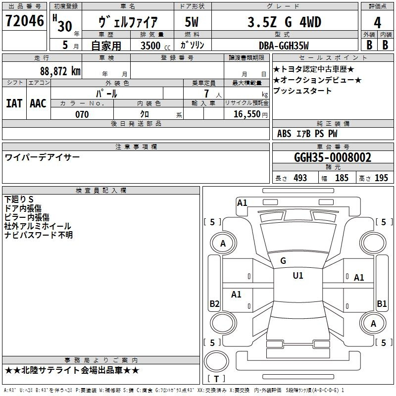 Аукционный лист TOYOTA VELLFIRE 2018