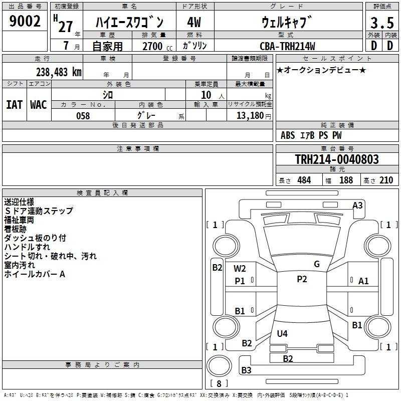 Аукционный лист TOYOTA HIACE 2015
