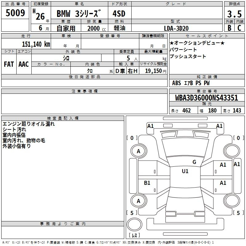 Аукционный лист BMW 3 SERIES 2014