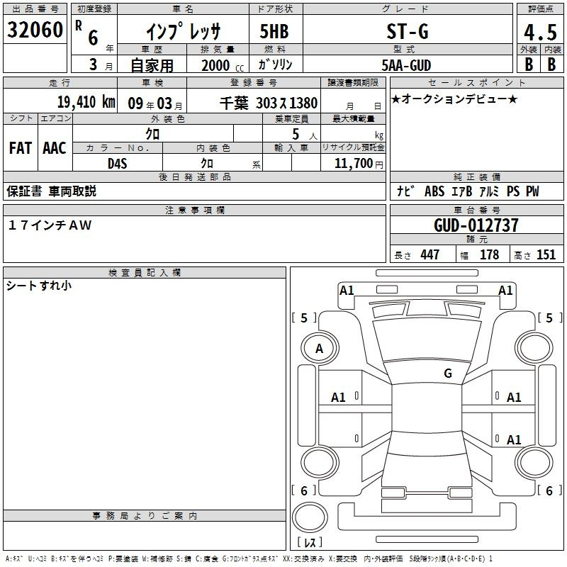 Аукционный лист SUBARU IMPREZA 2024
