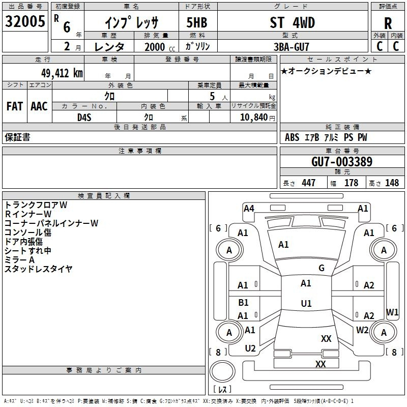 Аукционный лист SUBARU IMPREZA 2024