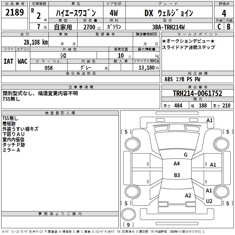 Аукционный лист TOYOTA HIACE 2020