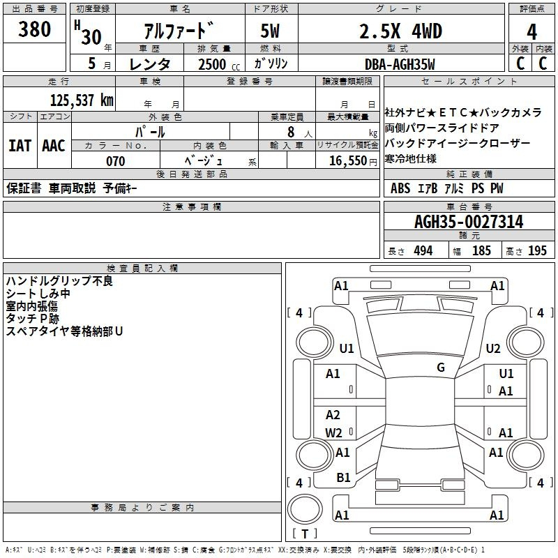 Аукционный лист TOYOTA ALPHARD 2018
