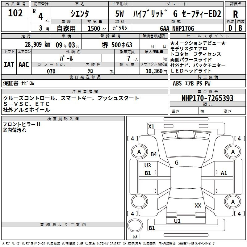 Аукционный лист TOYOTA SIENTA 2022