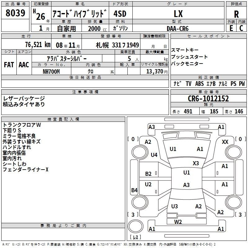 Аукционный лист HONDA ACCORD 2014