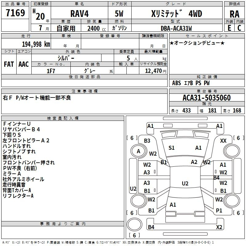 Аукционный лист TOYOTA RAV4 2008
