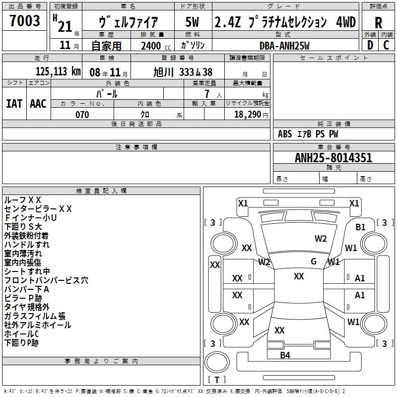 Аукционный лист TOYOTA VELLFIRE 2009