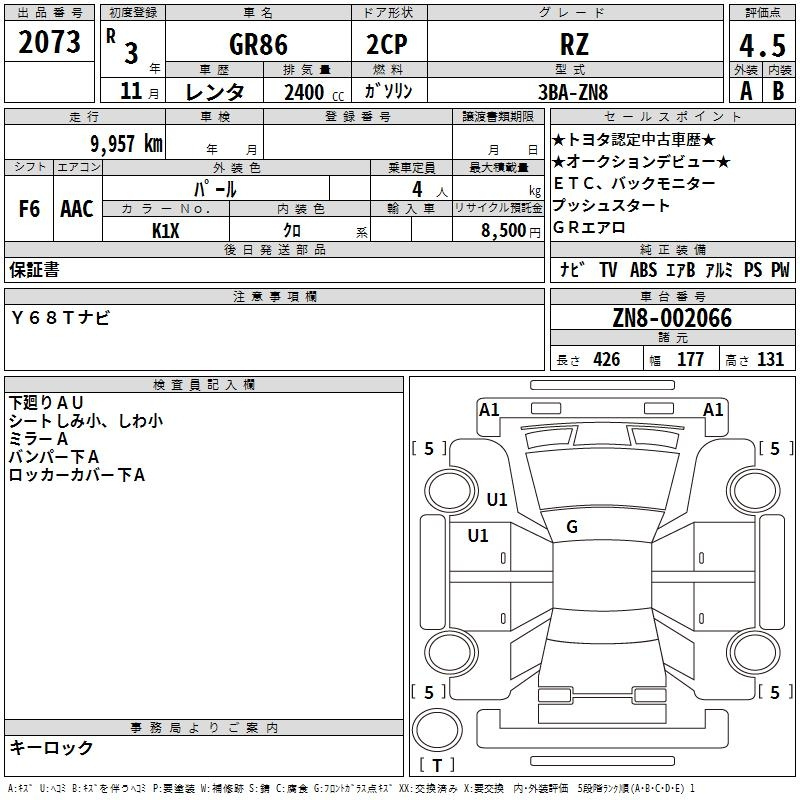 Аукционный лист TOYOTA 86 2021