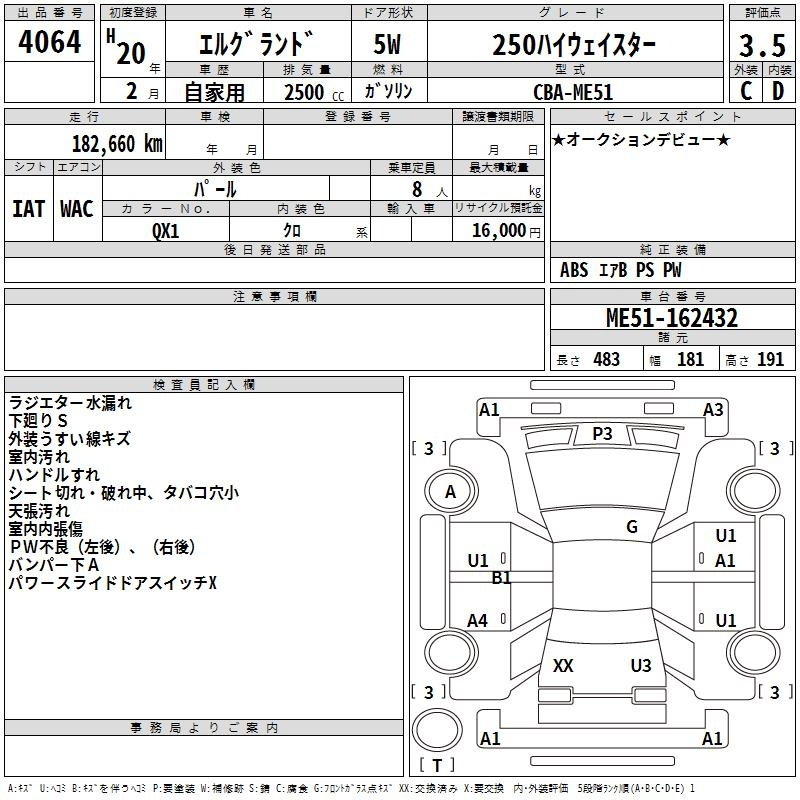 Аукционный лист NISSAN ELGRAND 2008