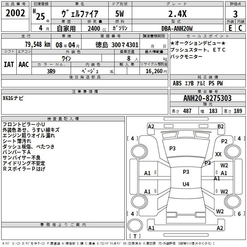 Аукционный лист TOYOTA VELLFIRE 2013