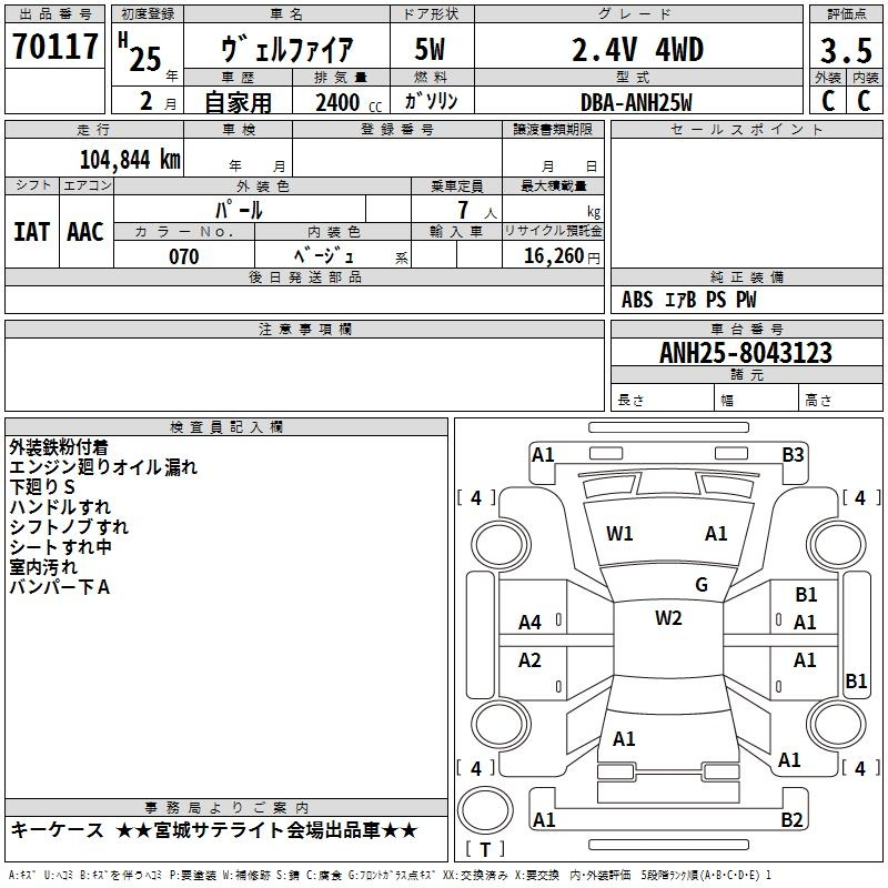 Аукционный лист TOYOTA VELLFIRE 2013