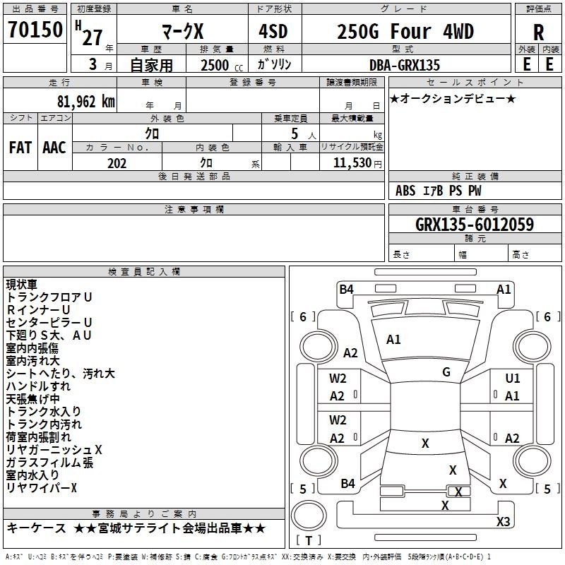 Аукционный лист TOYOTA MARK X 2015