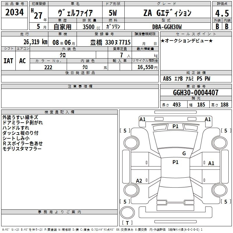 Аукционный лист TOYOTA VELLFIRE 2015