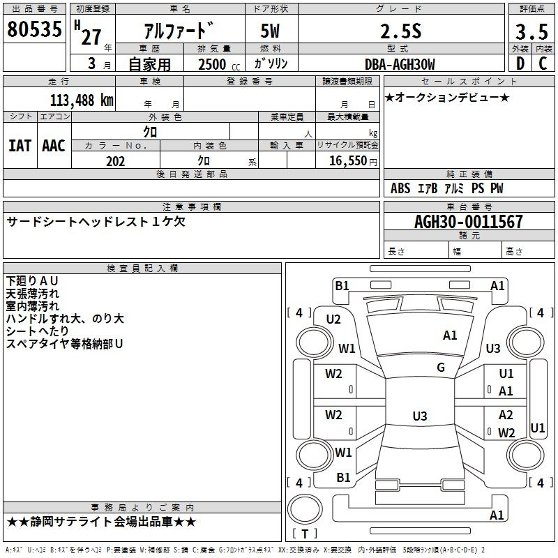Аукционный лист TOYOTA ALPHARD 2015