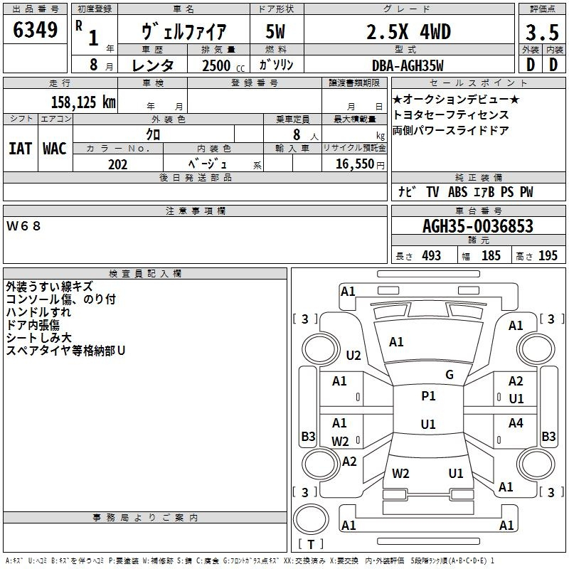 Аукционный лист TOYOTA VELLFIRE 2019