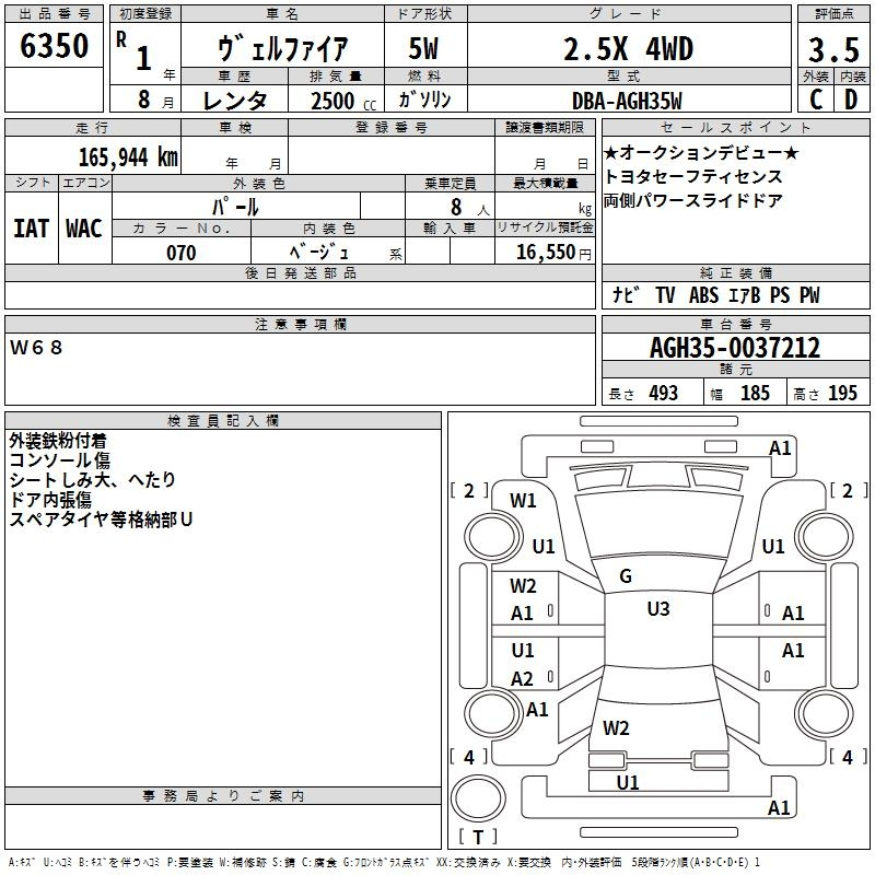 Аукционный лист TOYOTA VELLFIRE 2019