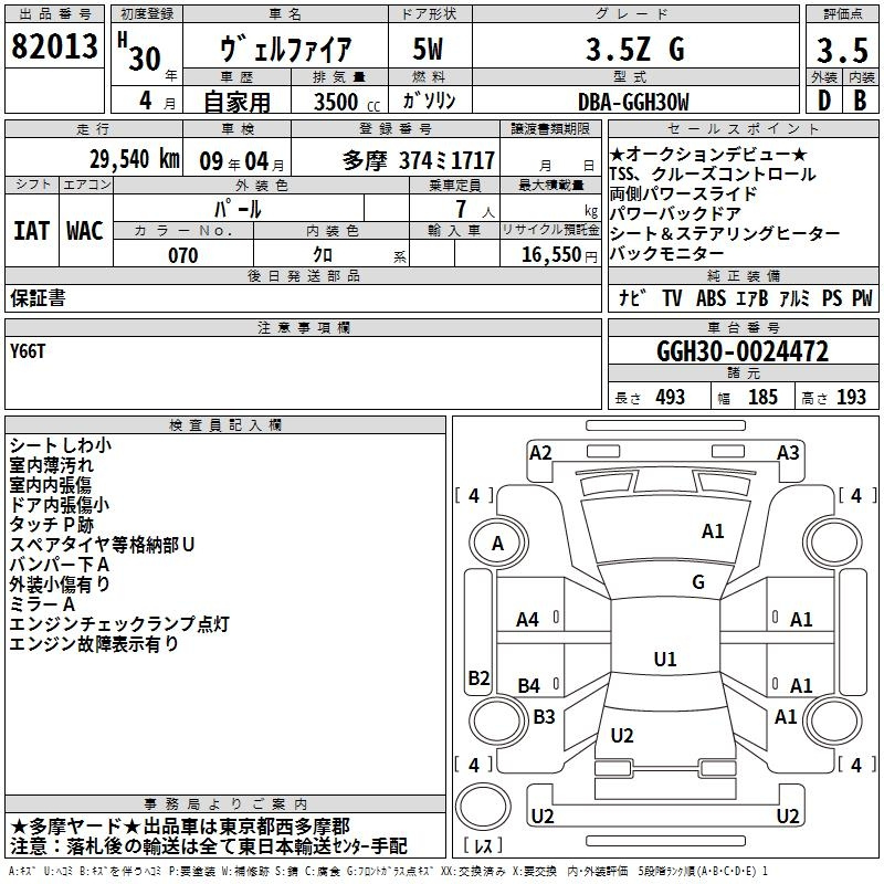 Аукционный лист TOYOTA VELLFIRE 2018
