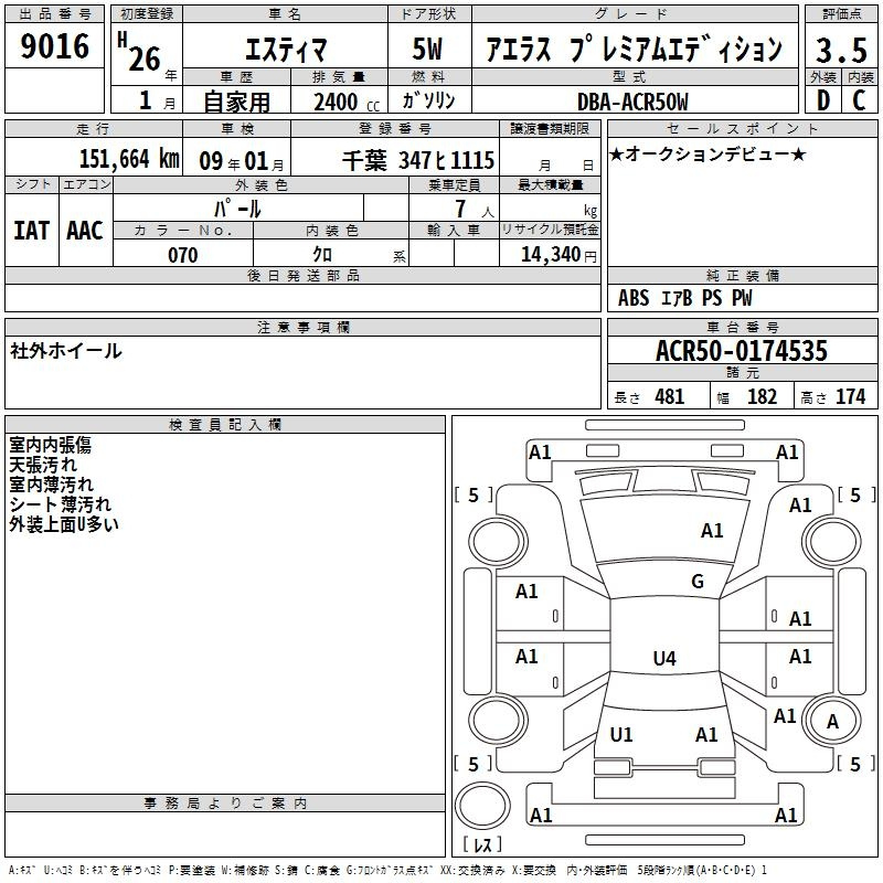 Аукционный лист TOYOTA ESTIMA 2014