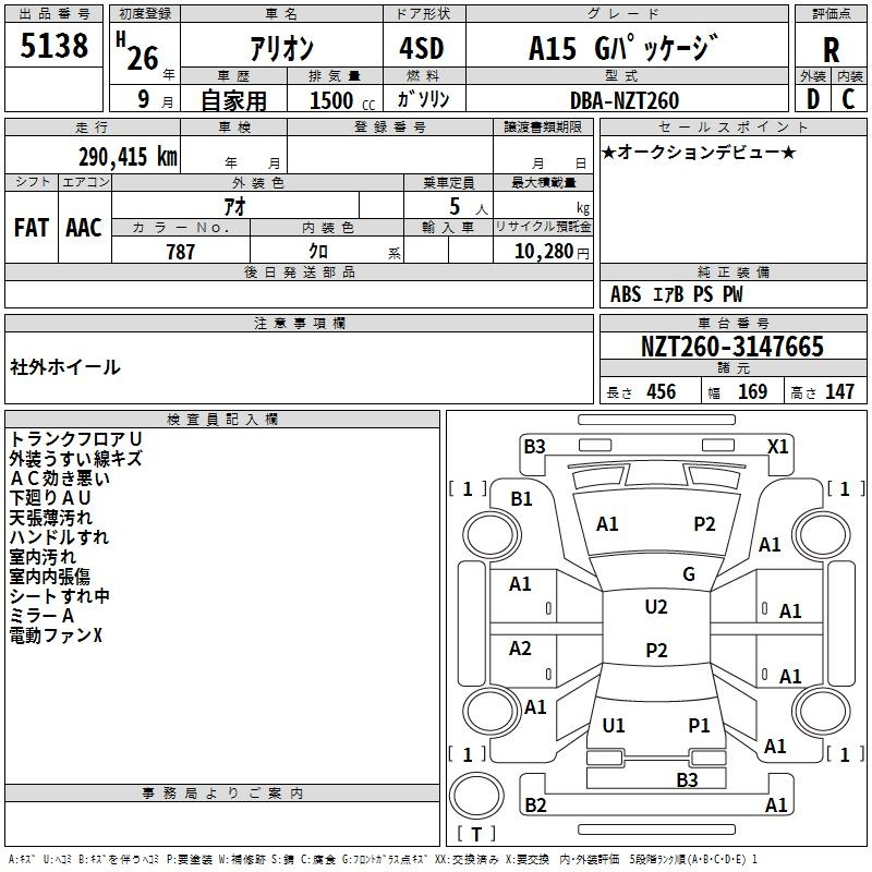 Аукционный лист TOYOTA ALLION 2014