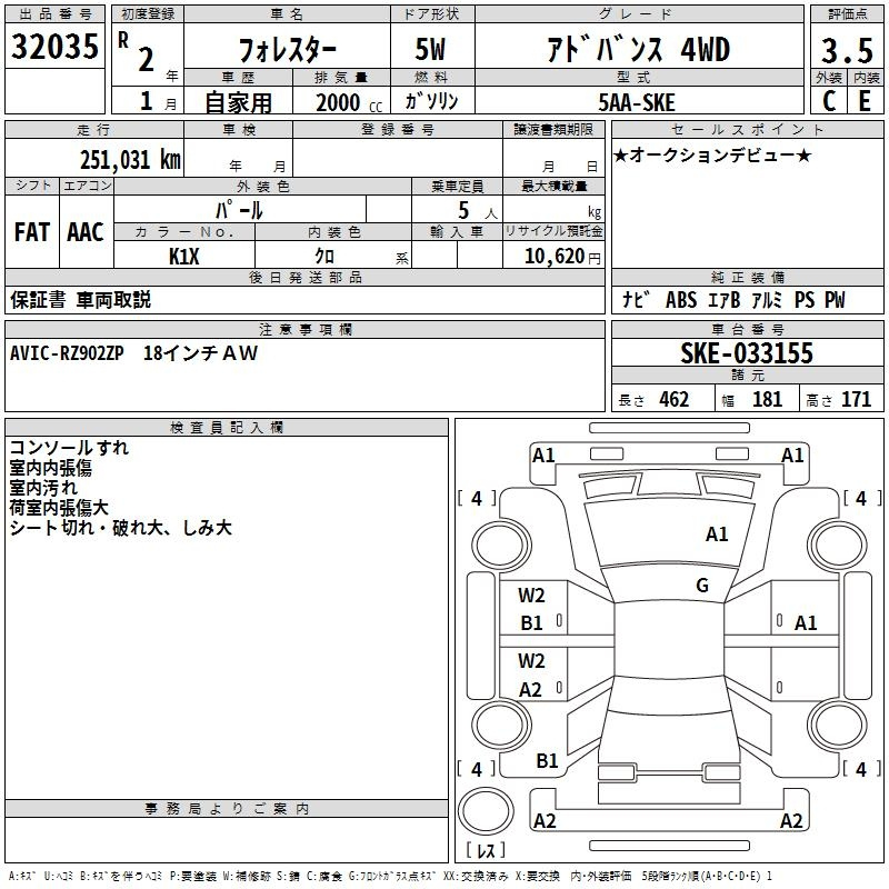Аукционный лист SUBARU FORESTER 2020