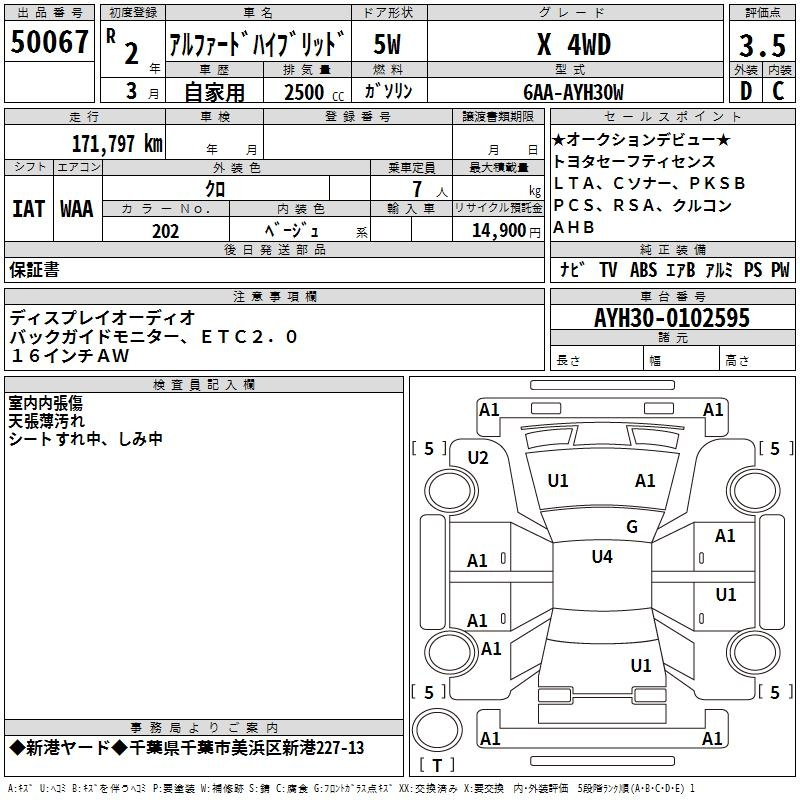 Аукционный лист TOYOTA ALPHARD 2020