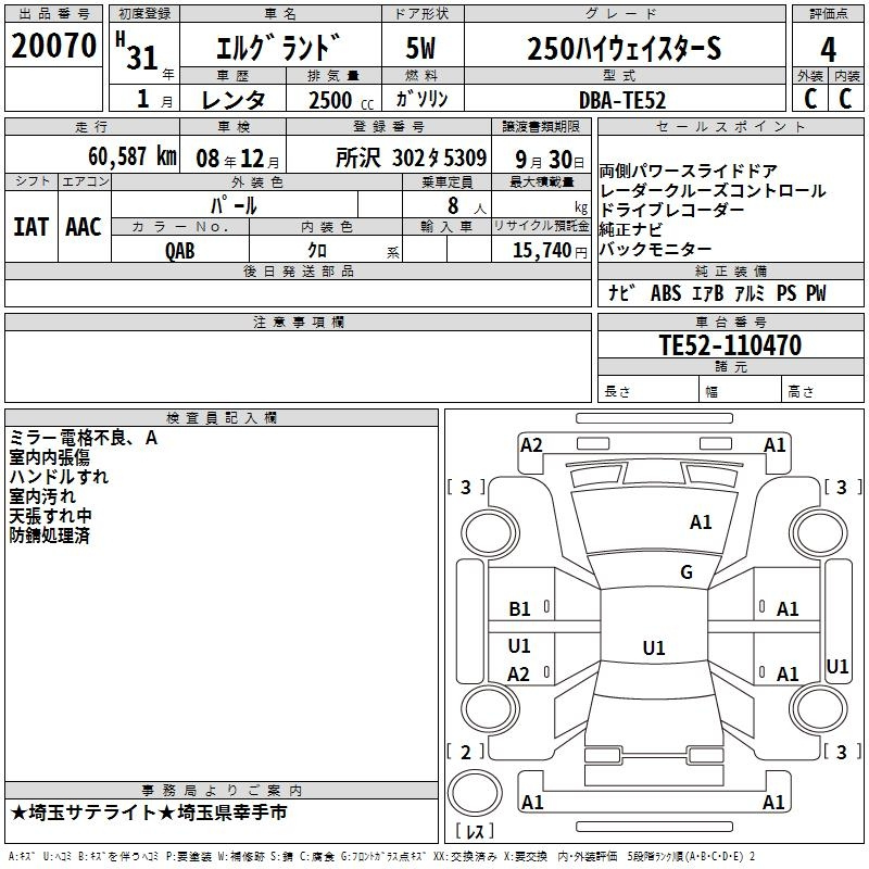 Аукционный лист NISSAN ELGRAND 2019