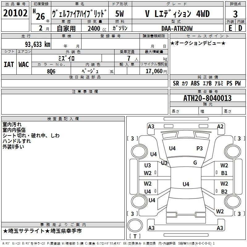 Аукционный лист TOYOTA VELLFIRE 2014
