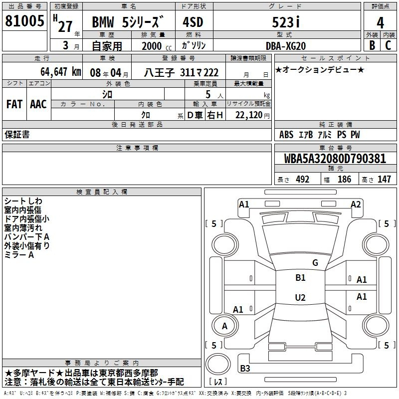 Аукционный лист BMW 5 SERIES 2015