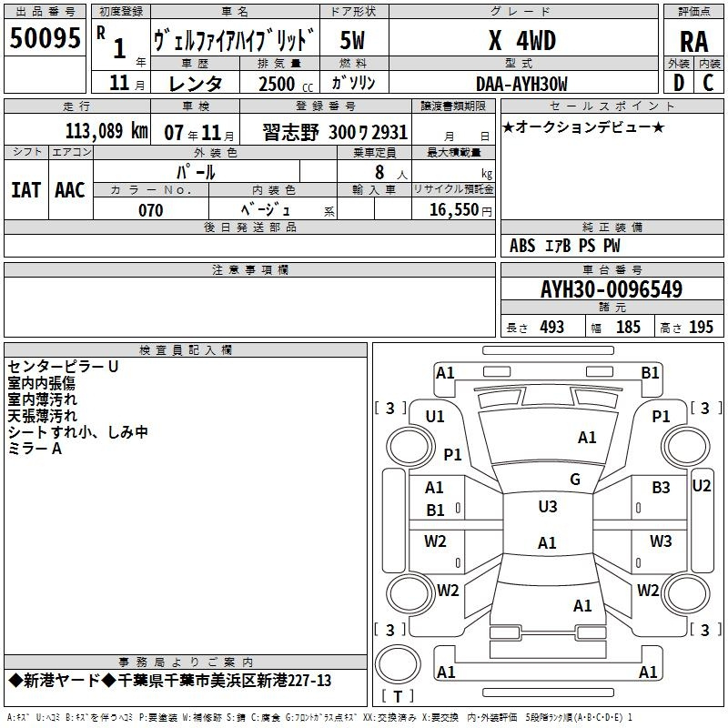 Аукционный лист TOYOTA VELLFIRE 2019
