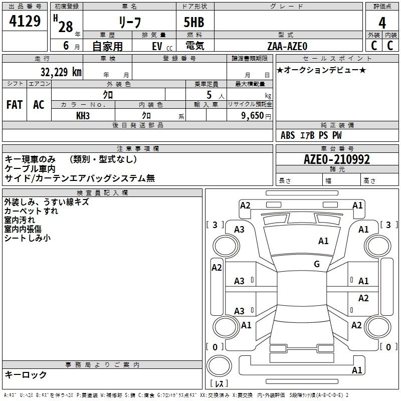 Аукционный лист NISSAN LEAF 2016
