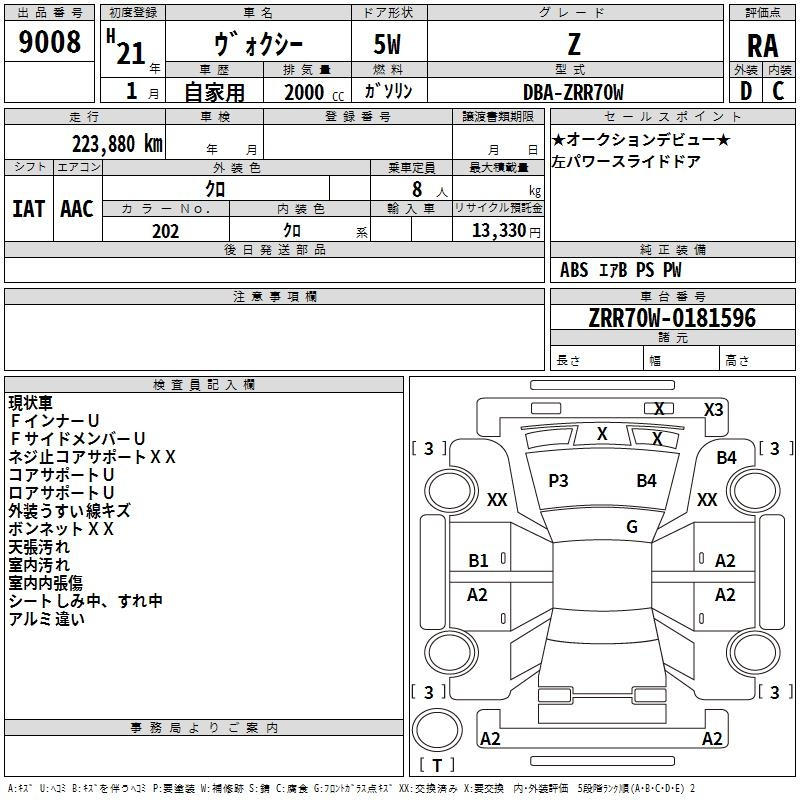 Аукционный лист TOYOTA VOXY 2009