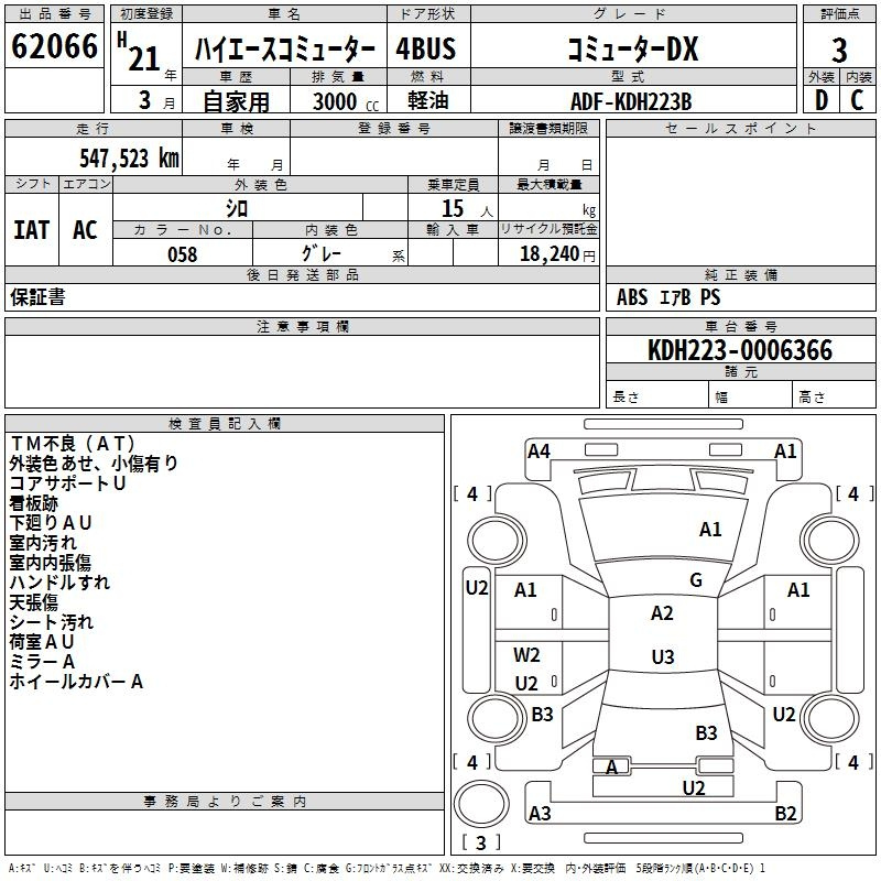 Аукционный лист TOYOTA HIACE 2009