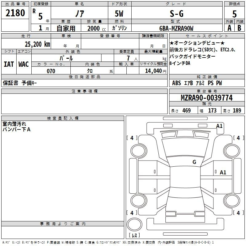 Аукционный лист TOYOTA NOAH 2023