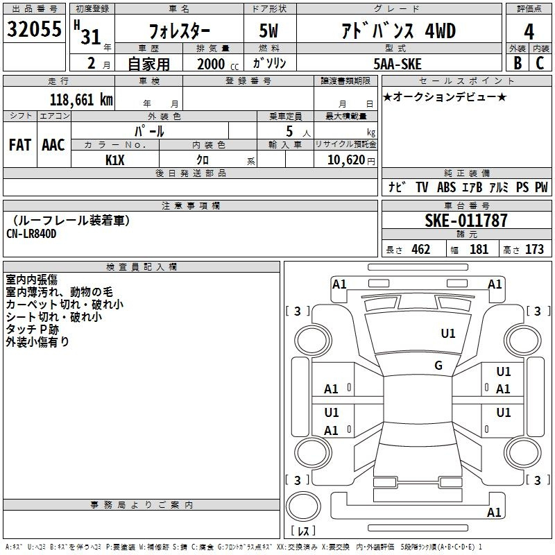 Аукционный лист SUBARU FORESTER 2019
