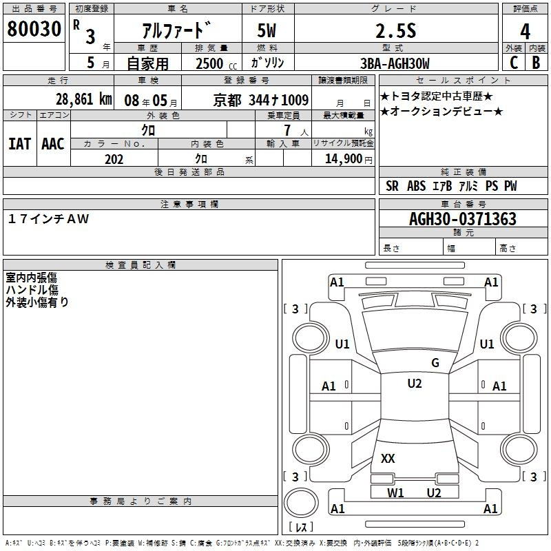 Аукционный лист TOYOTA ALPHARD 2021