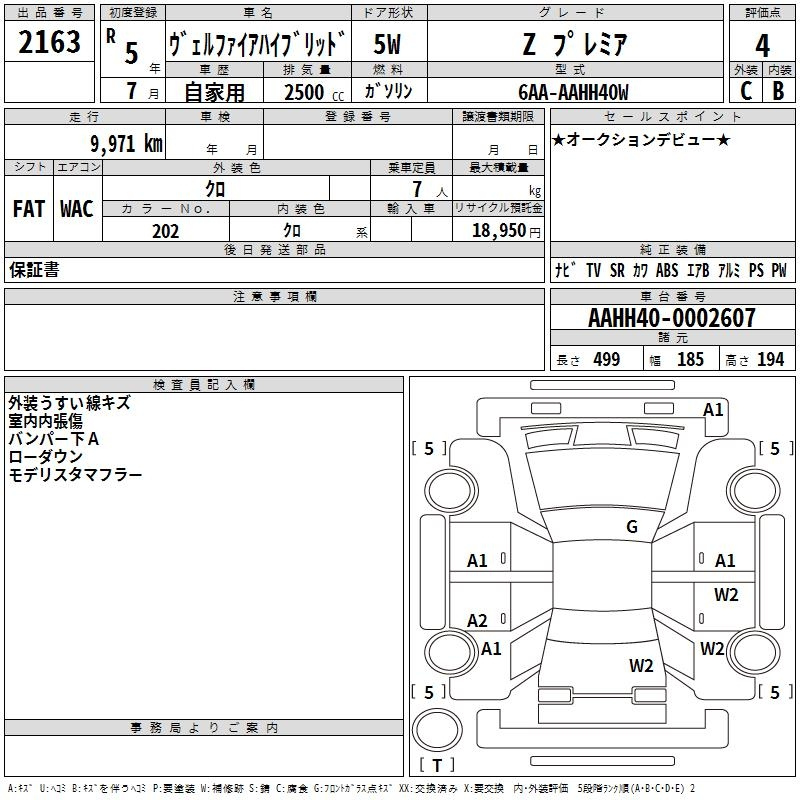 Аукционный лист TOYOTA VELLFIRE 2023